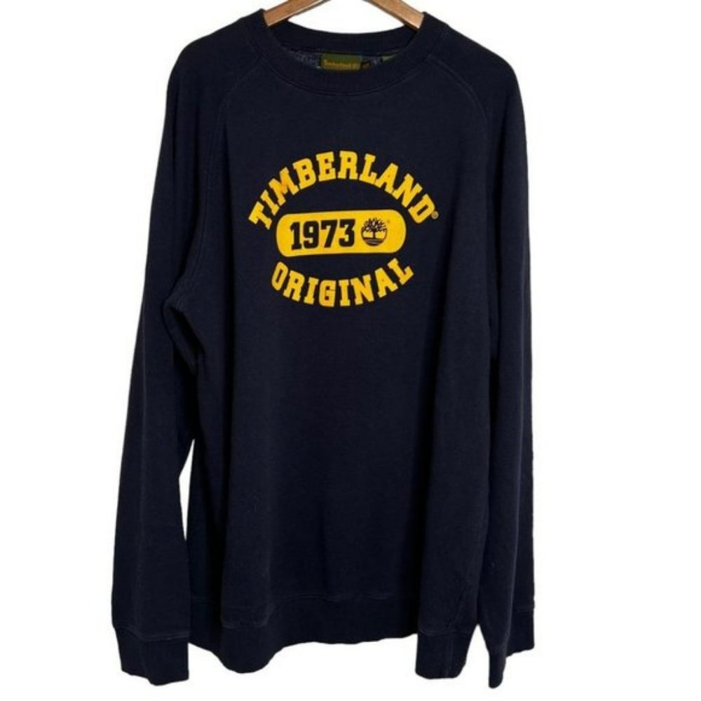 Timberland Mens Size XL Navy Blue Crewneck Sweatshirt with Yellow Graphic
